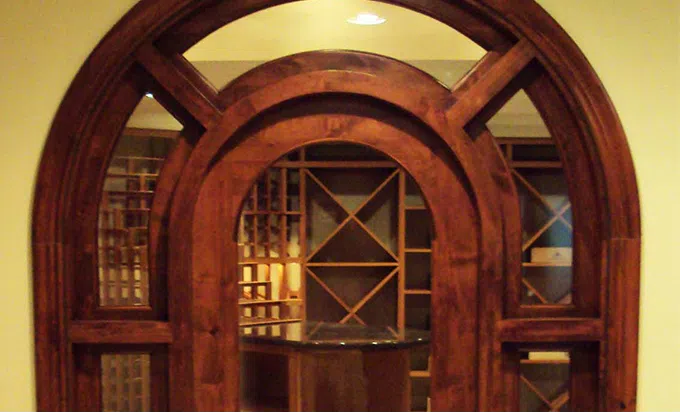 wooden custom wine cellar door with glass insert